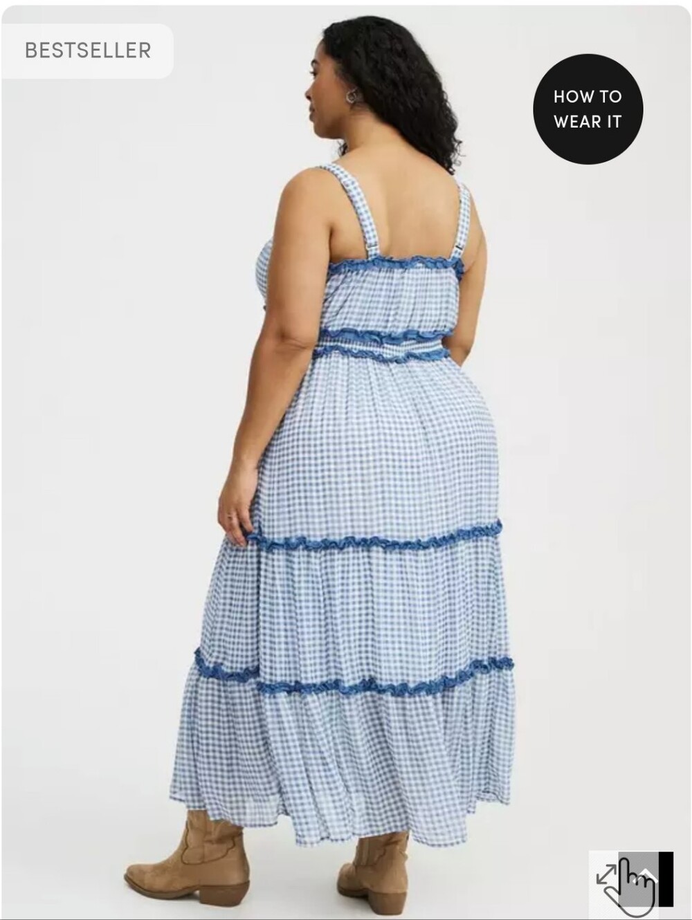 Chiffon Blue Gingham Maxi Dress with Ruffle Trim - Picture 2 of 4